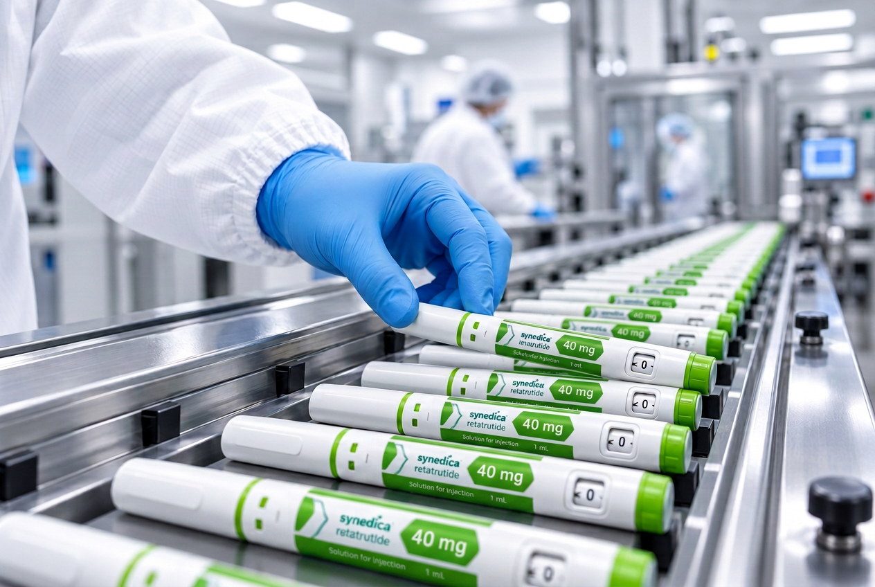 Gloved hand picking up a Synedica retatrutide injection pen from a pharmaceutical production line